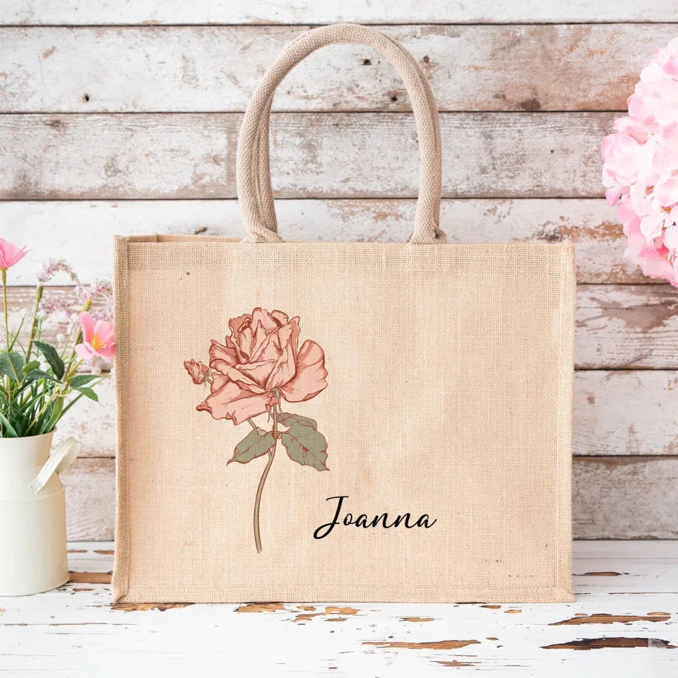 Custom Name Birth Flower - Personalized Jute Tote Bag, Gift For Birthday, Wedding, Besties - JTB195UP