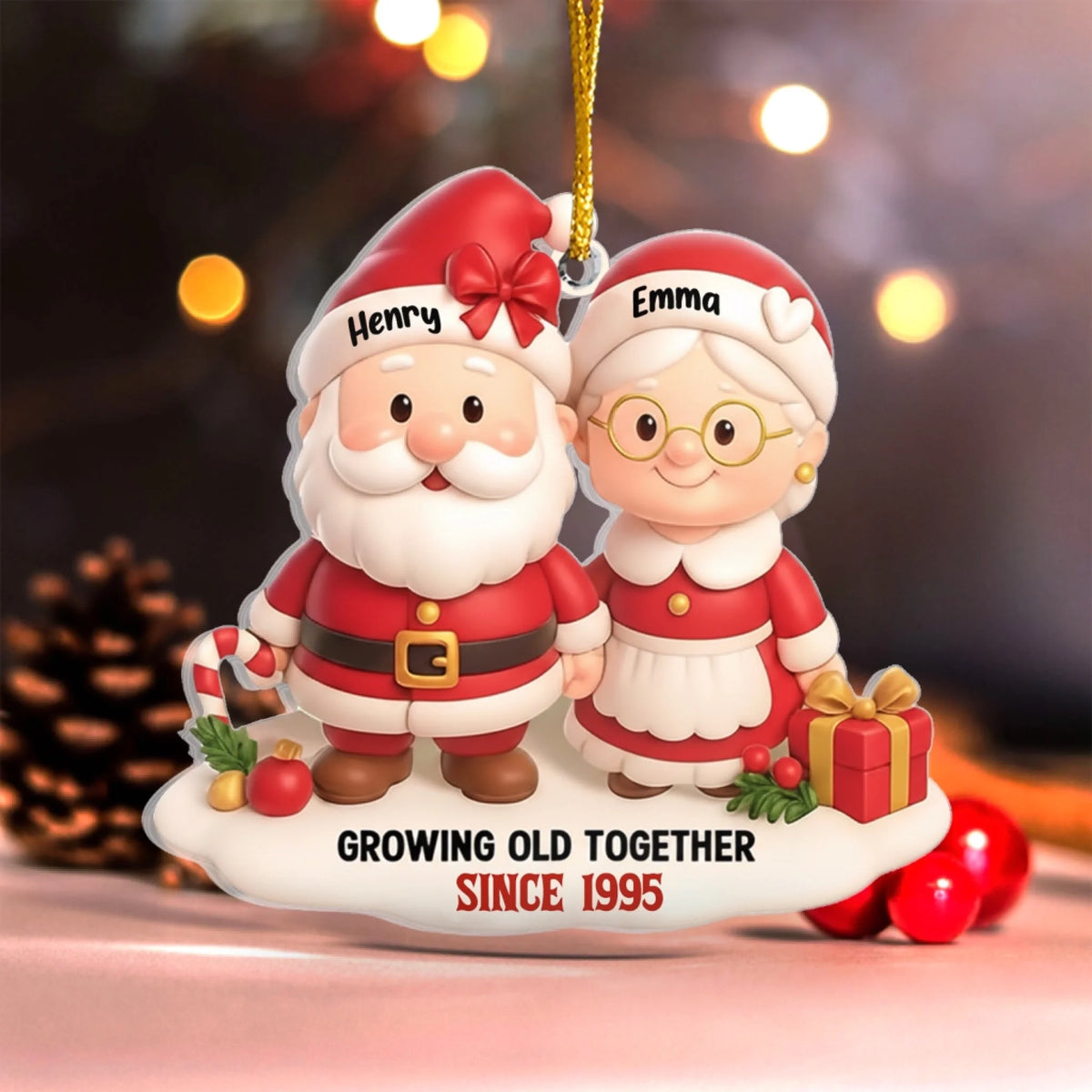 Santa Old Couple, Growing Old Together - Personalized Acrylic Ornament, Gift For Couple