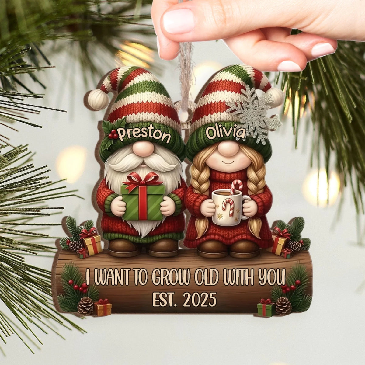 Forever Together Gnome Couple - Personalized Wooden Ornament, Gift For Couples, Holiday Keepsake, Christmas Decor