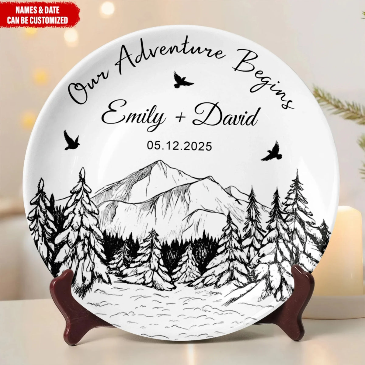 Save the Date Our Adventure Begins - Personalized Ceramic Round Plate, Love Keepsake, Anniversary Gift For Couples