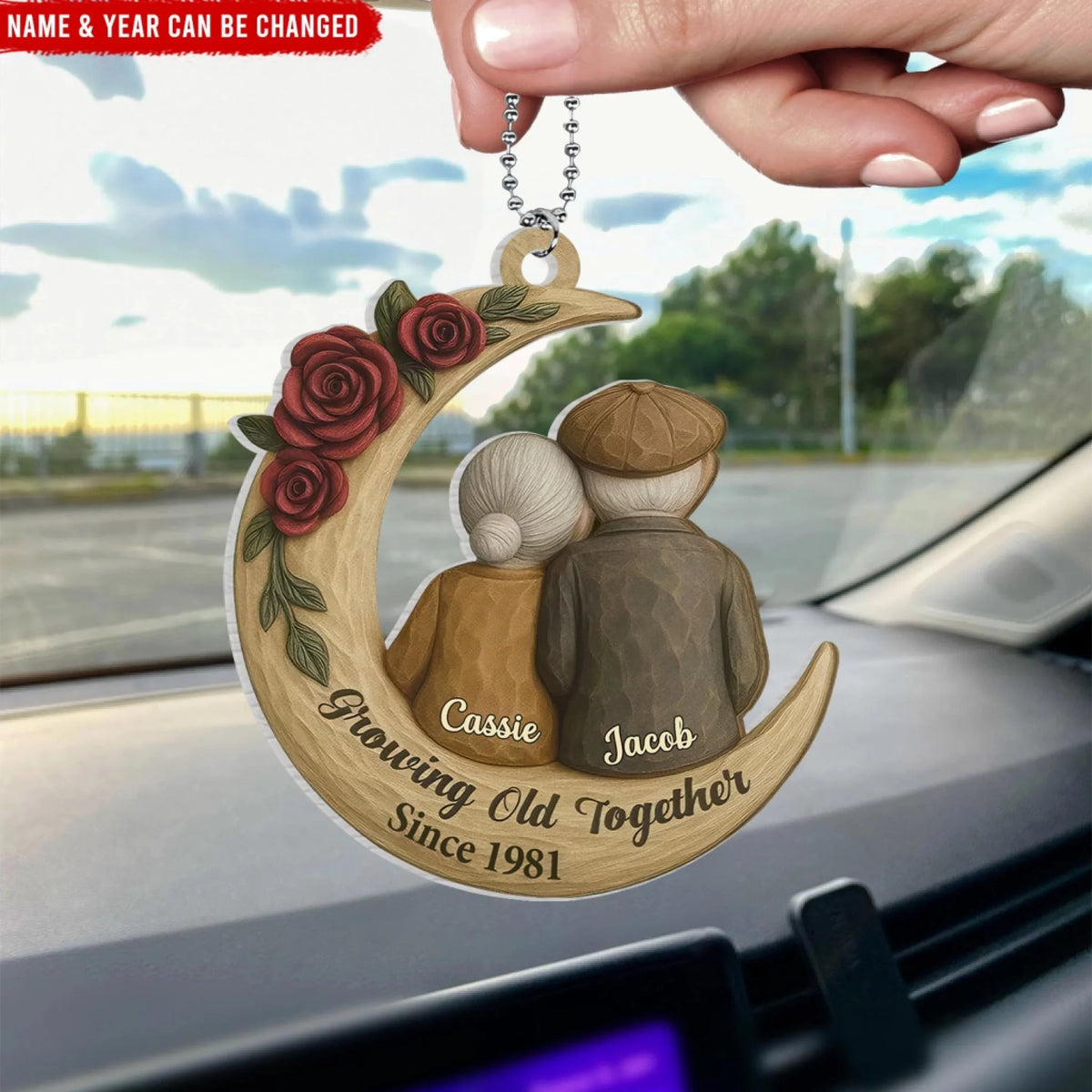 Hand In Hand, For A Lifetime Of Moons - Personalized Acrylic Car Hanger, Moon & Roses Old Couple Keepsake, Anniversary/Valentine's Gift