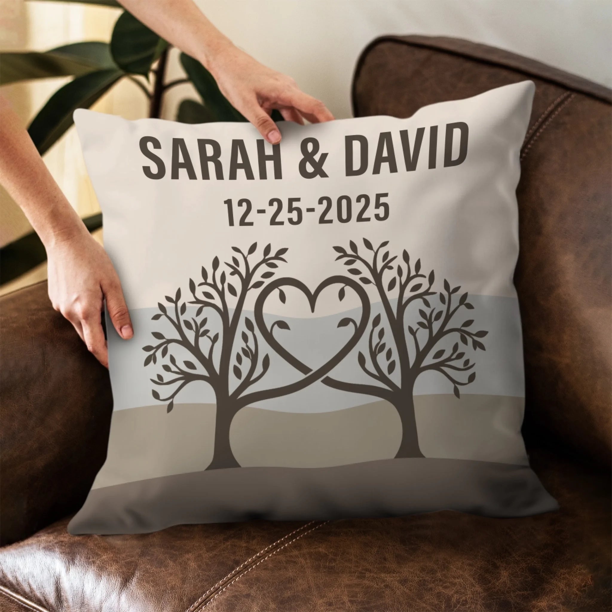 Our Roots Grow Deeper With Every Passing Season - Personalized Pillow, Love Tree Couple Gift, Custom Name & Anniversary Date Pillow