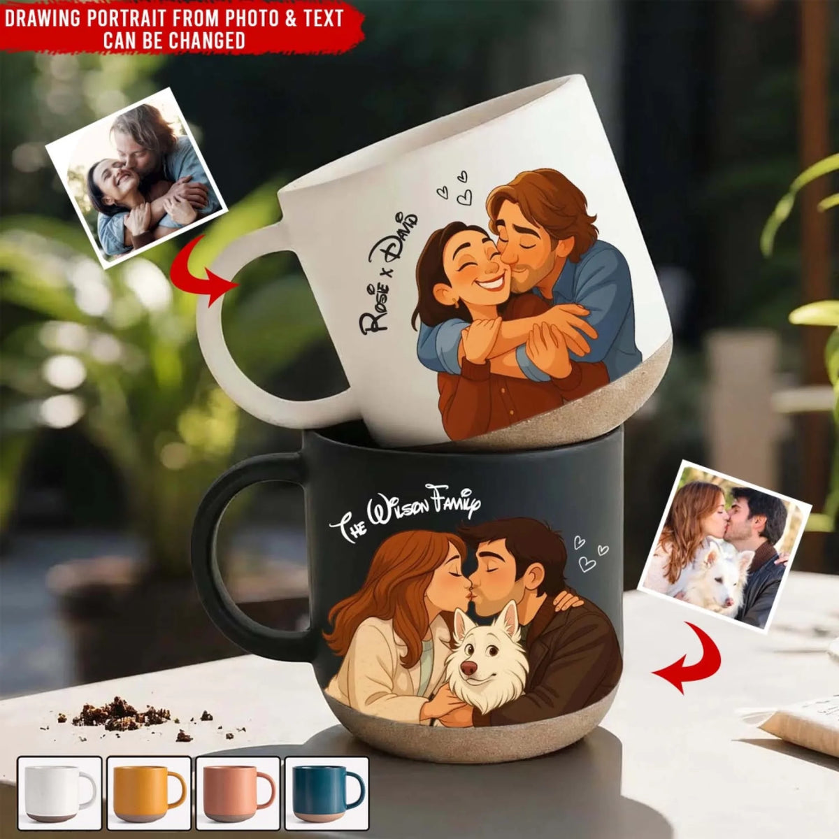 Couple Portrait With Pet - Personalized Pottery Mug, Drawing Portrait From Couple Photo