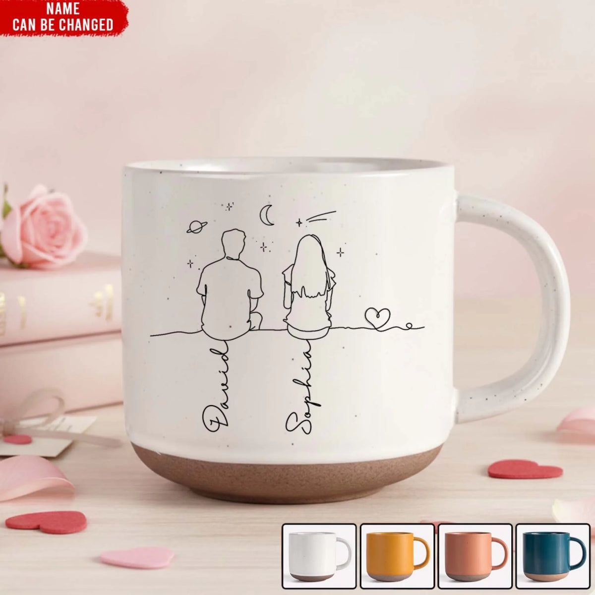 Romantic Couple Line Art - Personalized Pottery Mug, Gift For Couples, Gift For Him, Gift For Her
