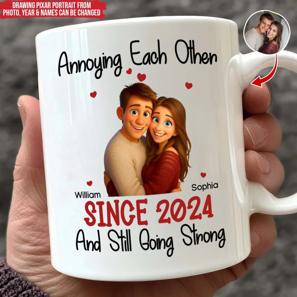 Couple 3D Pixar Portrait Annoying Each Other Since & Still Going Strong - Personalized Mug, Drawing Portrait From Photo