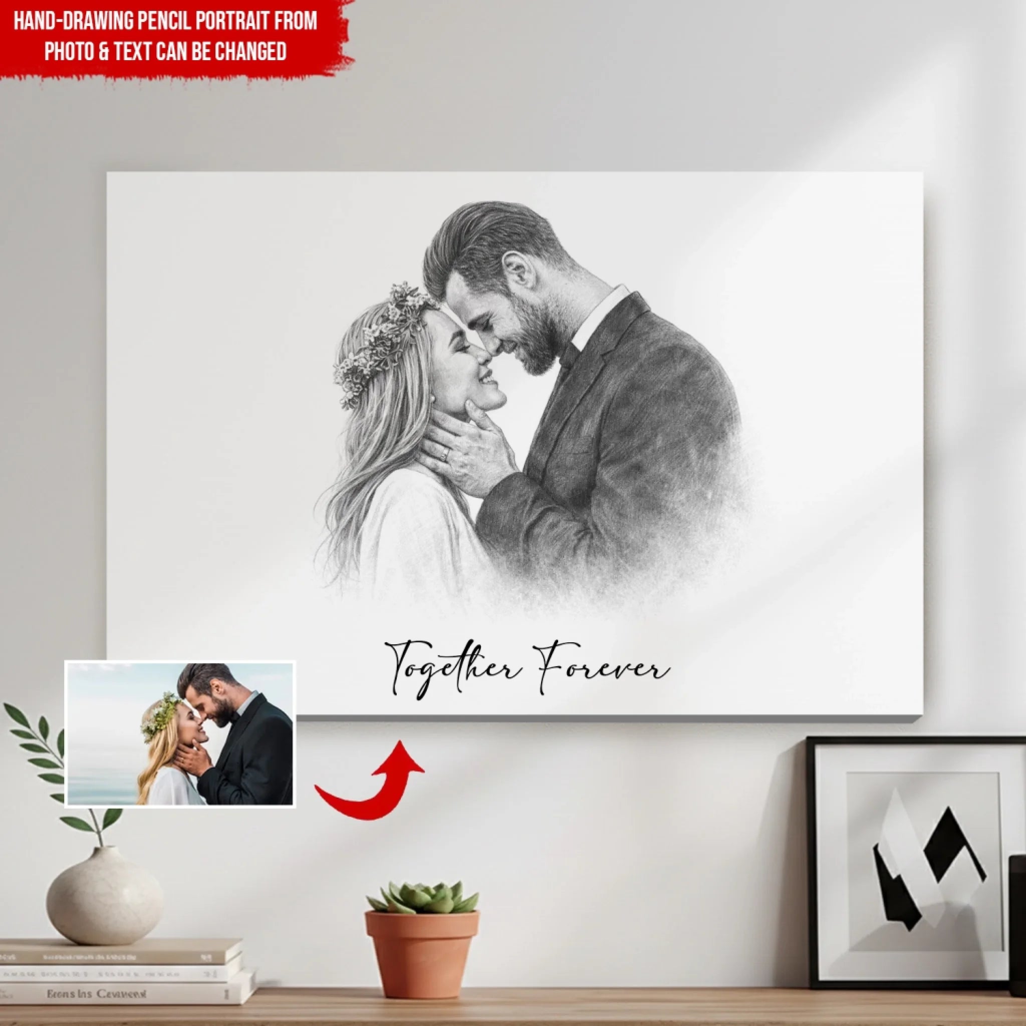 Forever Begins With You - Personalized Canvas, Gift For Couple, Hand-drawing Pencil Portrait From Photo
