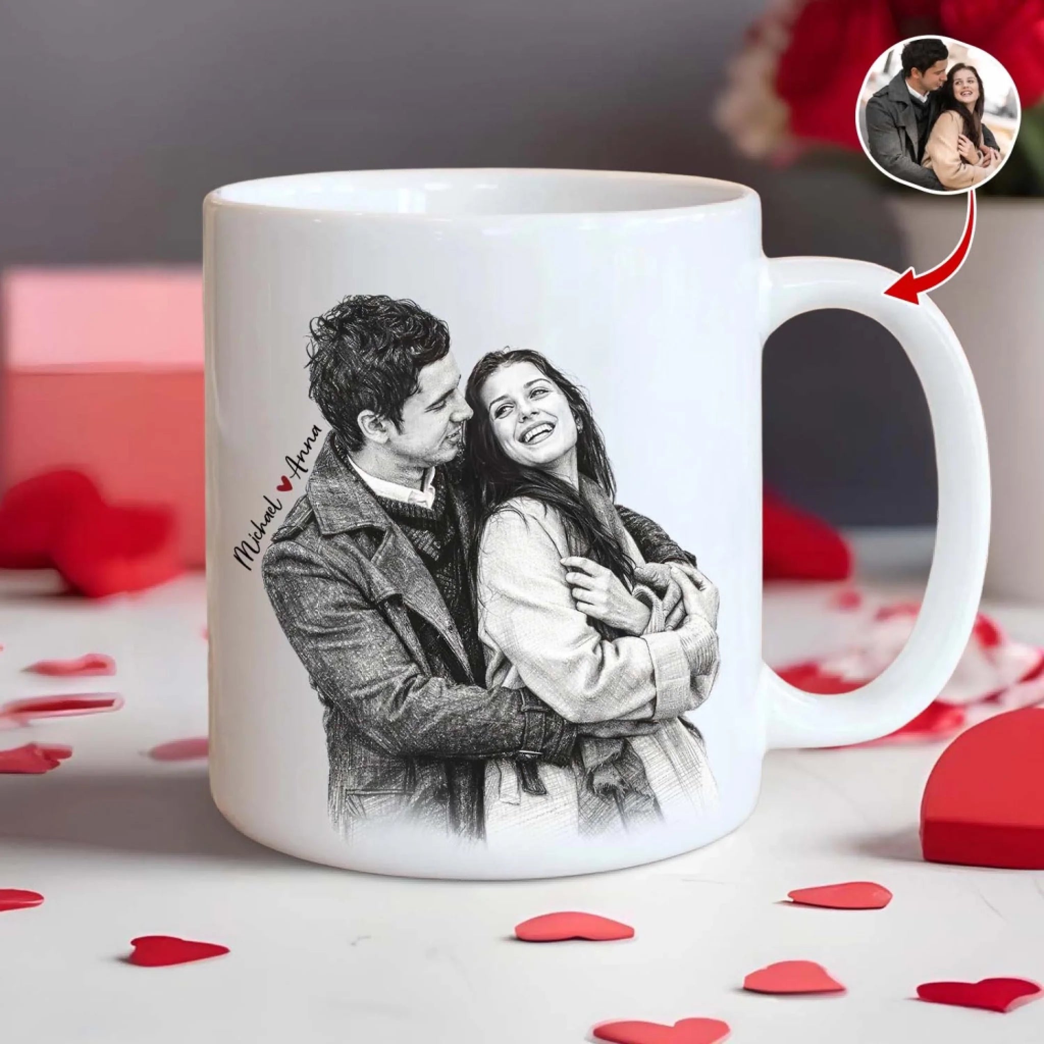 Custom Charcoal Sketch Couple Portrait - Personalized Mug, Couple Drawing Portrait Gift, Romantic Gift For Lover