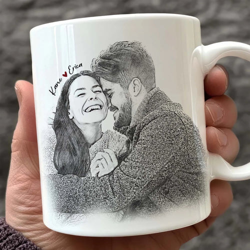 Custom Charcoal Sketch Couple Portrait - Personalized Mug, Couple Drawing Portrait Gift, Romantic Gift For Lover