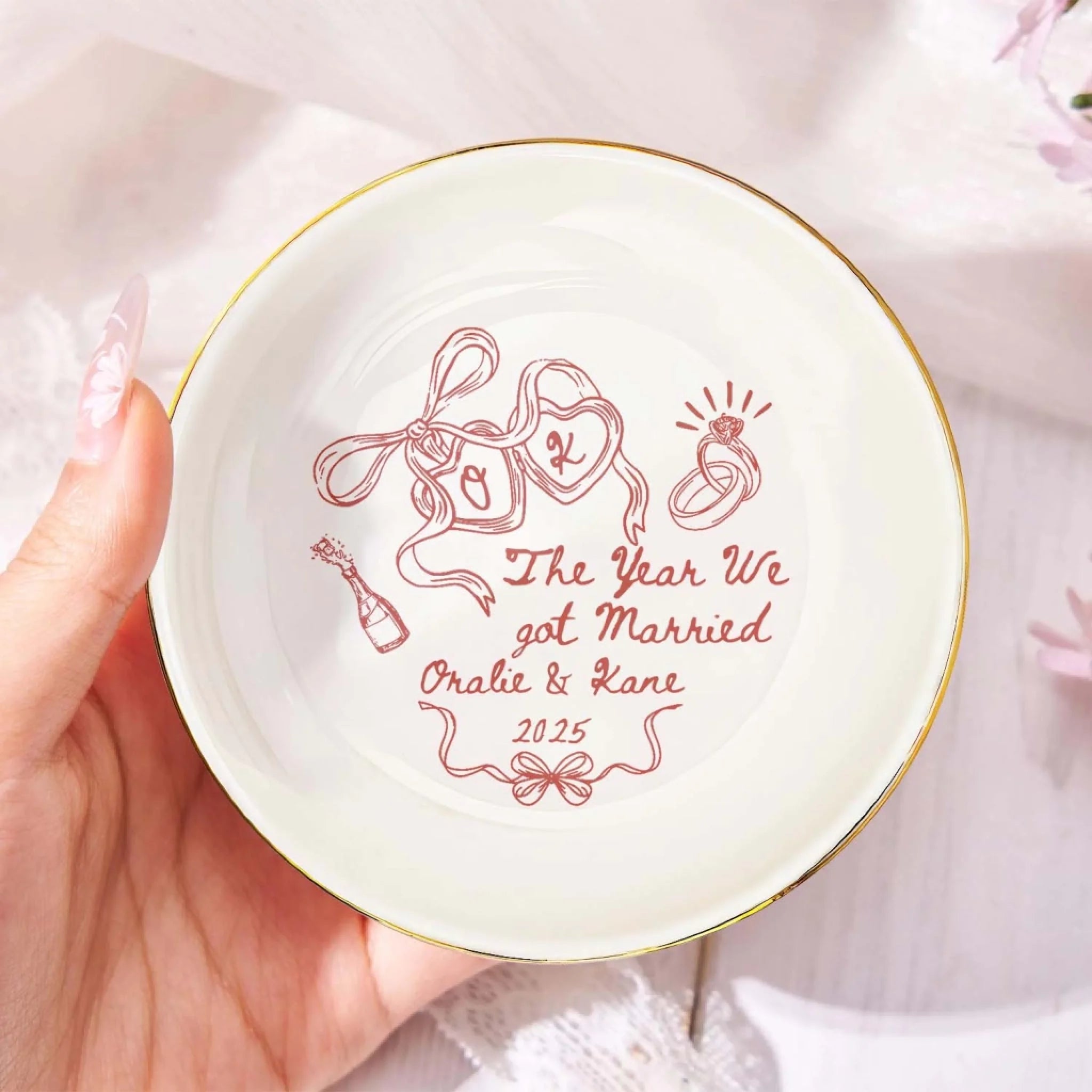 The Year Our Forever Began - Personalized Jewelry Dish, Gift For Couple, Wedding Keepsake Gift, Coquette Bow Style