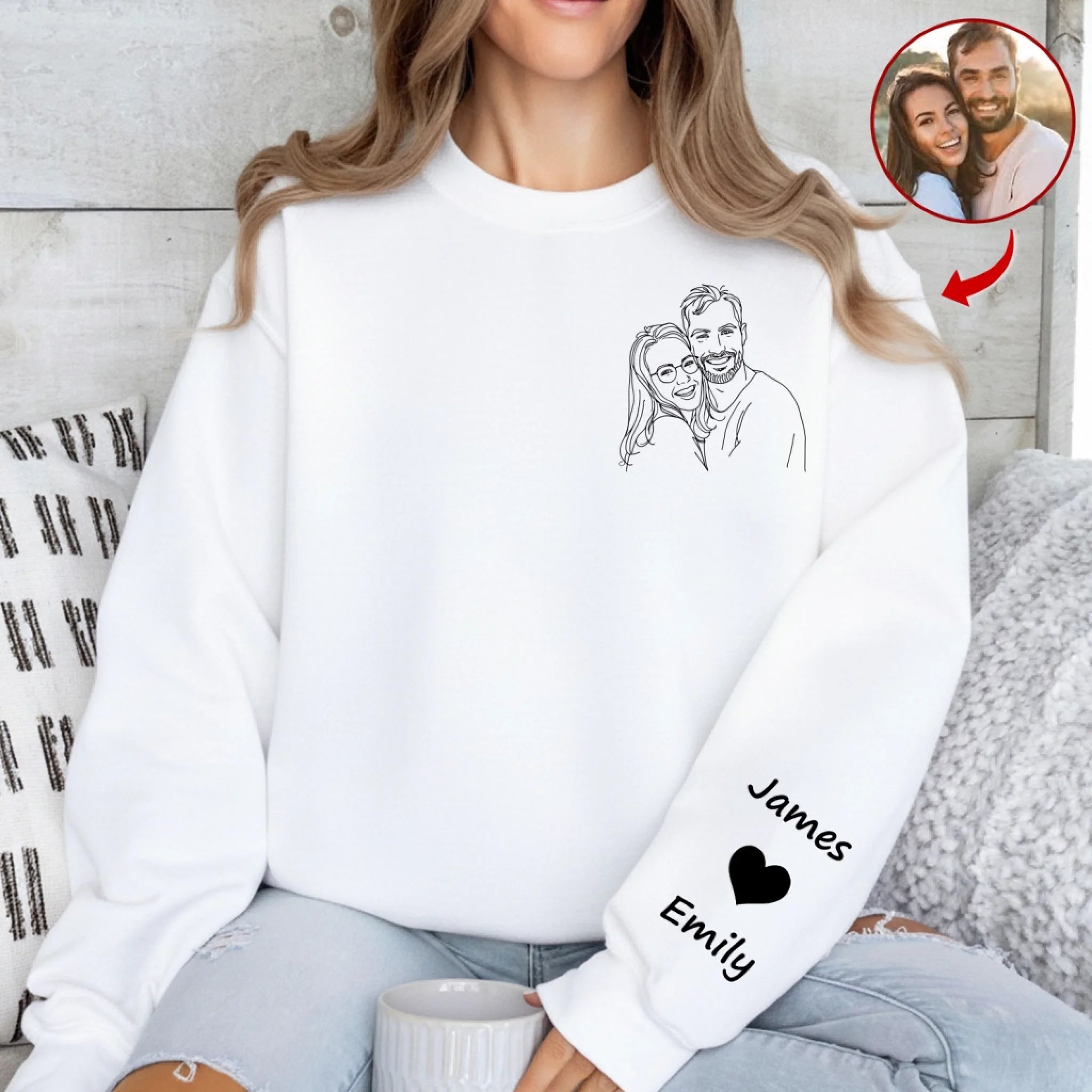 From Photo To Line Art Couple - Personalized Sleeve Print Sweatshirt, Custom Portrait Outline