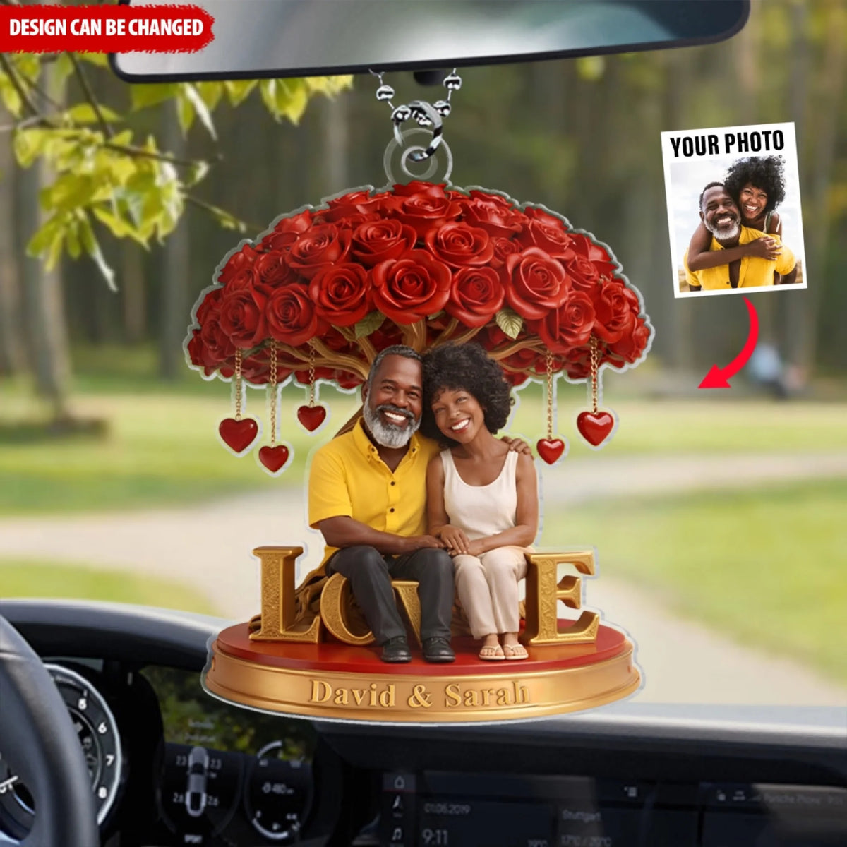 Couple Figurine Under Rose Tree - Personalized Acrylic Car Hanger, Gift For Couple, Custom Photo Gift