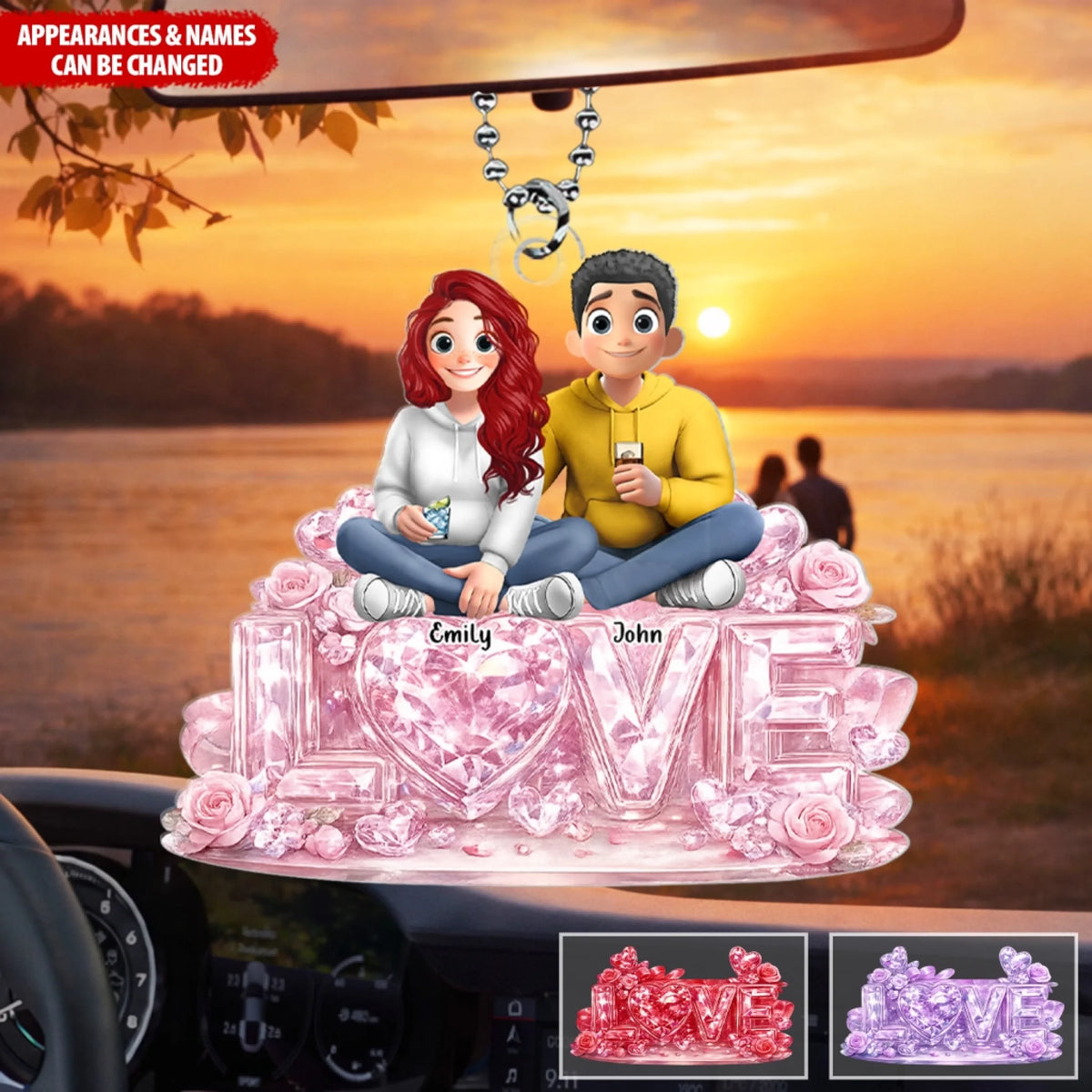 LOVE Couple - Personalized Acrylic Car Hanger, Crystal Acrylic Gift For Couple