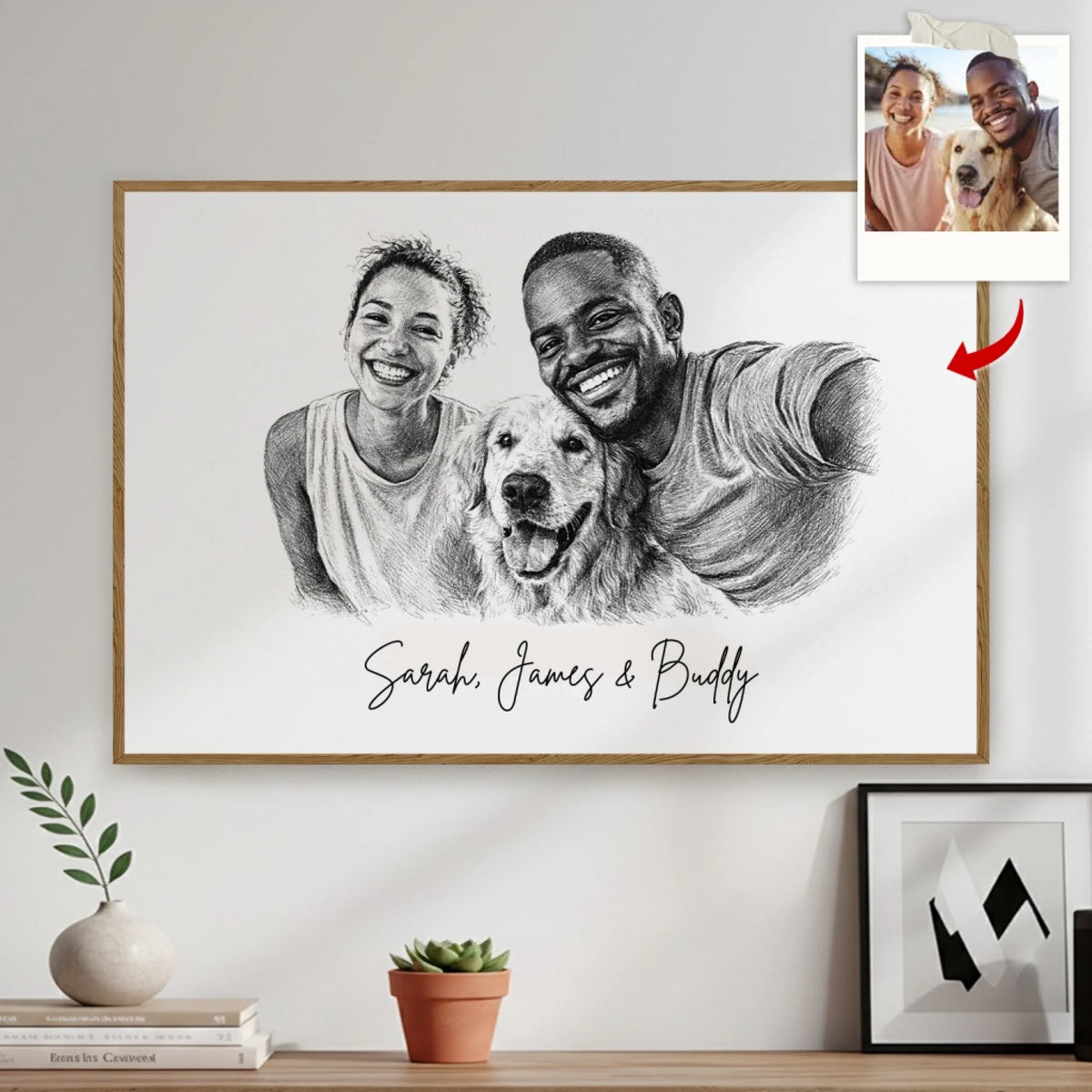 Bound By Love - Personalized Poster, Gift For Couples, Couple And Their Fur Baby Charcoal Portrait From Photo