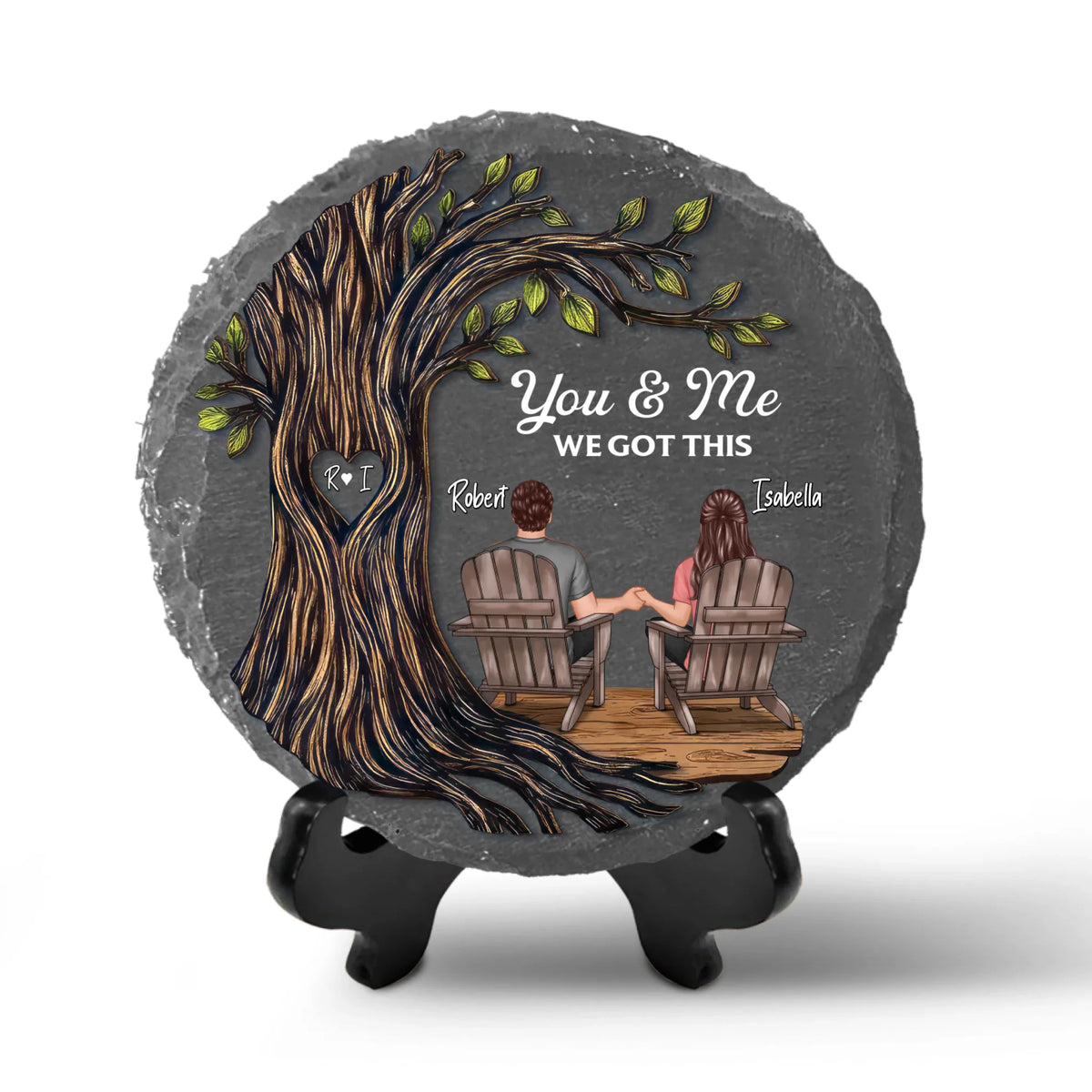 Couple Sitting Under Heart Carved Tree - Personalized Stone, Gift For Couple, Anniversary Gift