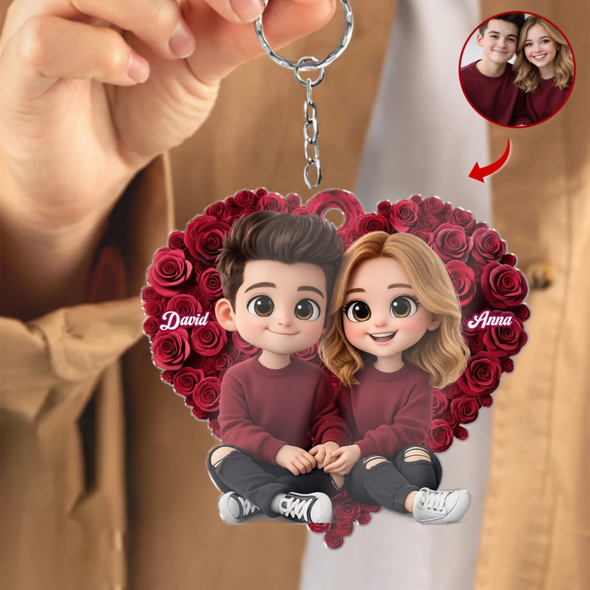 Custom 3D Couple Inside Rose Heart - Personalized Acrylic Keychain, Gift For Couples, Heartfelt Gift For Lover