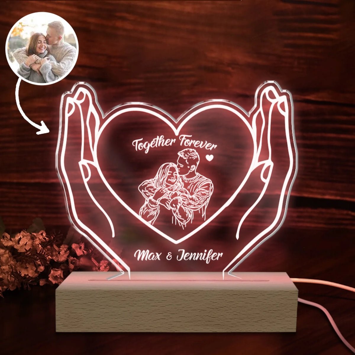 Side By Side, Forever - Personalized Acrylic Night Light, Drawing Couple Portrait From Photo, Couple Gift