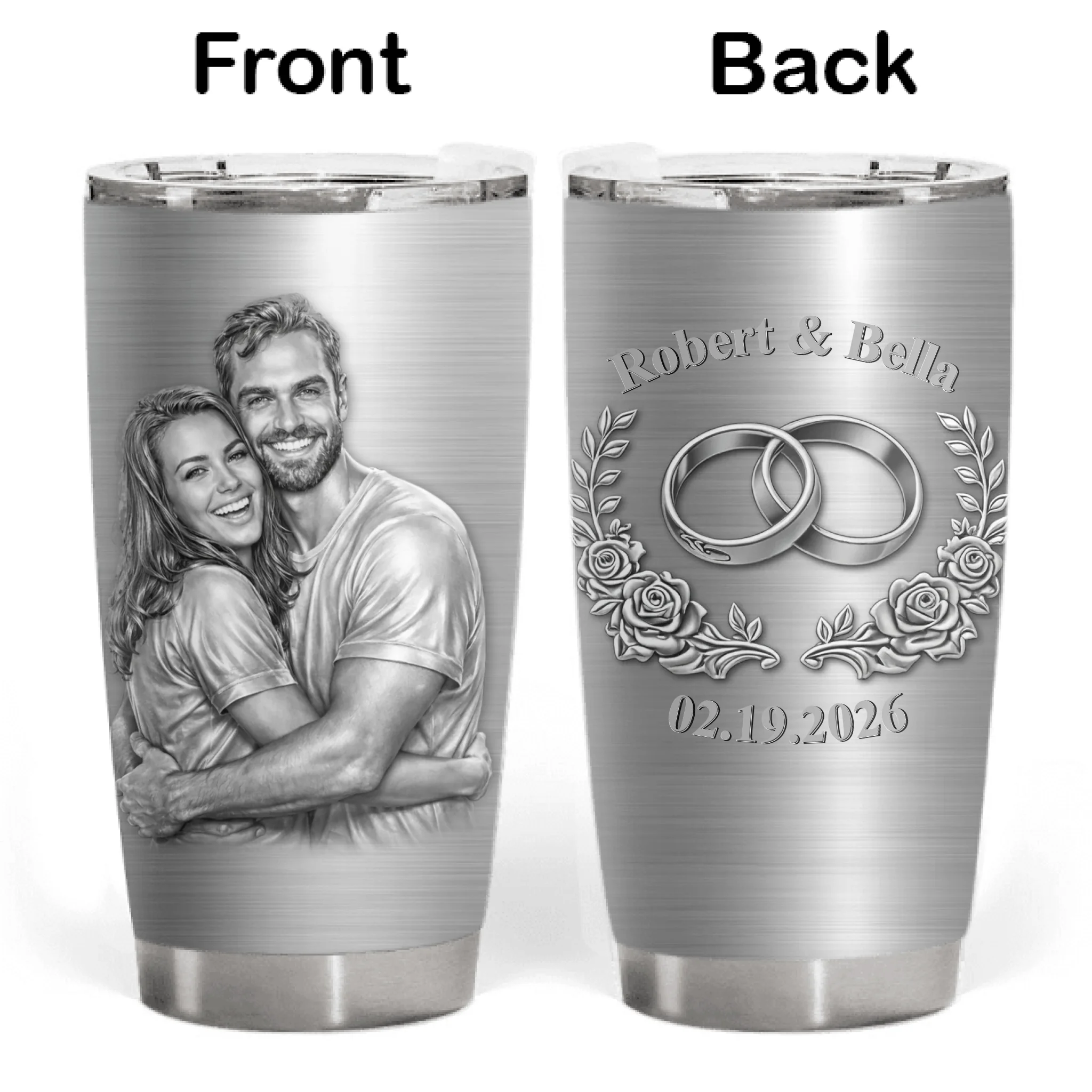 Forever In Love - Personalized Tumbler, Engraved Couple Portrait & Wedding Date, Custom Photo Gift