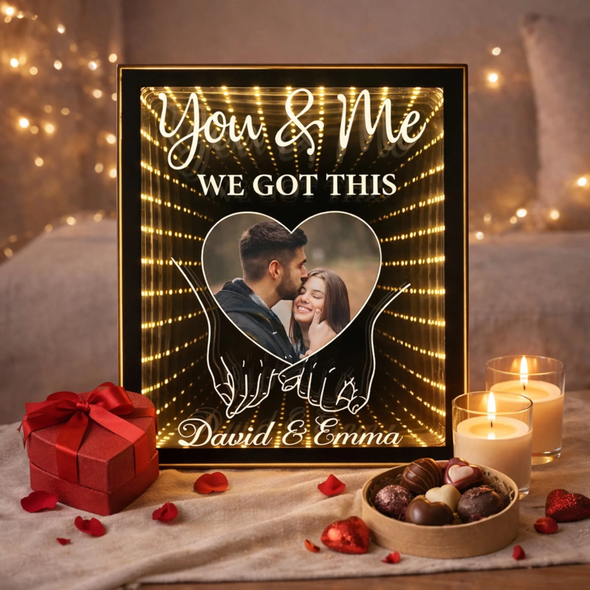 You & Me Hold By Hand Together Forever - Personalized Photo Infinity Mirror Light Box, Couple Gift, Anniversary Gift For Lover